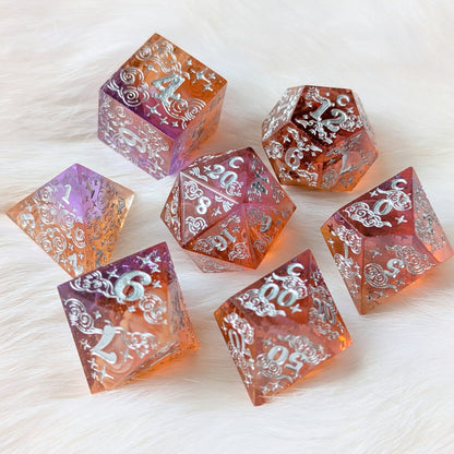 Dreamy Sunset Bloom – Sharp Edge Resin Dice Set with Floral Inclusions | Fennek & Finch - Fennek and Finch
