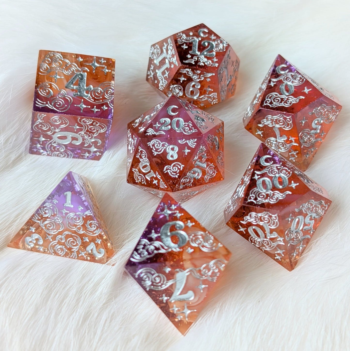 Dreamy Sunset Bloom – Sharp Edge Resin Dice Set with Floral Inclusions | Fennek & Finch - Fennek and Finch