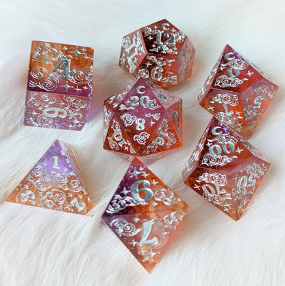 Dreamy Sunset Bloom – Sharp Edge Resin Dice Set with Floral Inclusions | Fennek & Finch - Fennek and Finch