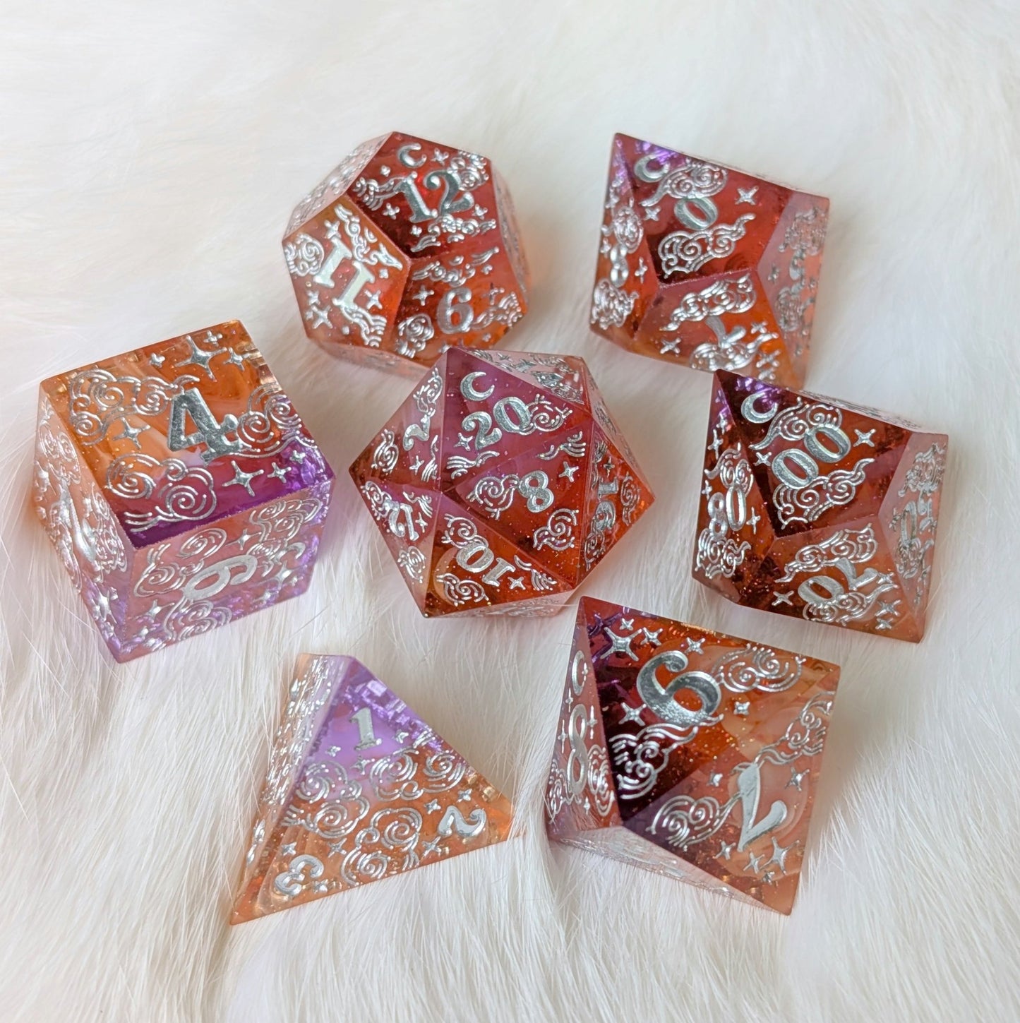 Dreamy Sunset Bloom – Sharp Edge Resin Dice Set with Floral Inclusions | Fennek & Finch - Fennek and Finch