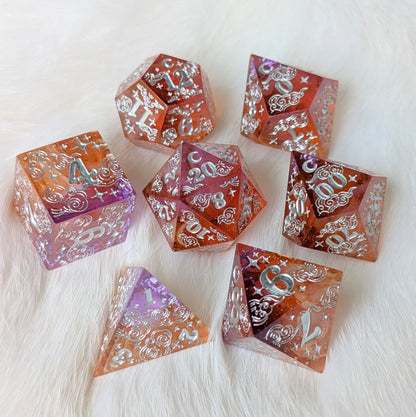 Dreamy Sunset Bloom – Sharp Edge Resin Dice Set with Floral Inclusions | Fennek & Finch - Fennek and Finch