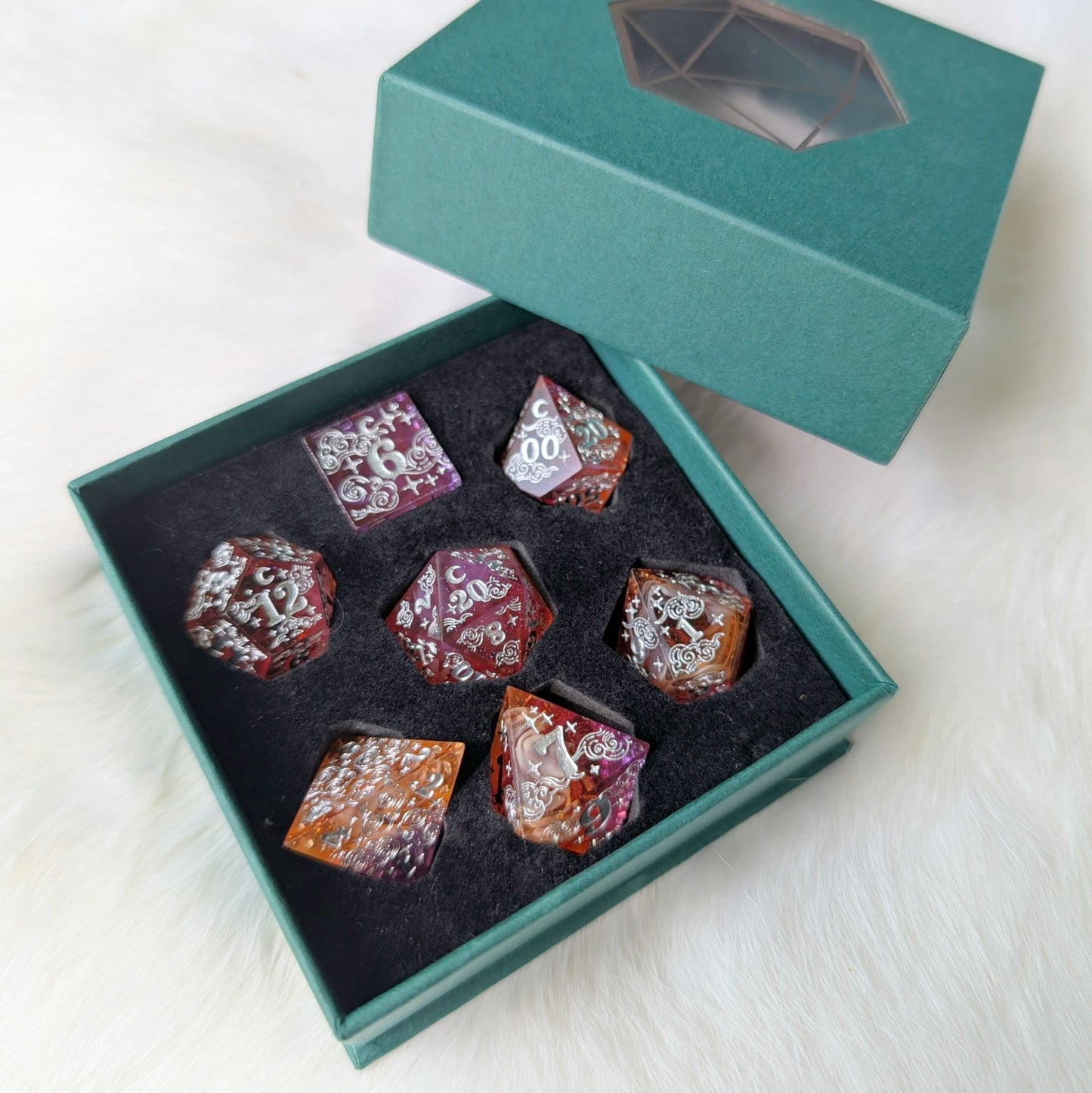Dreamy Sunset Bloom – Sharp Edge Resin Dice Set with Floral Inclusions | Fennek & Finch - Fennek and Finch