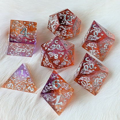 Dreamy Sunset Bloom – Sharp Edge Resin Dice Set with Floral Inclusions | Fennek & Finch - Fennek and Finch