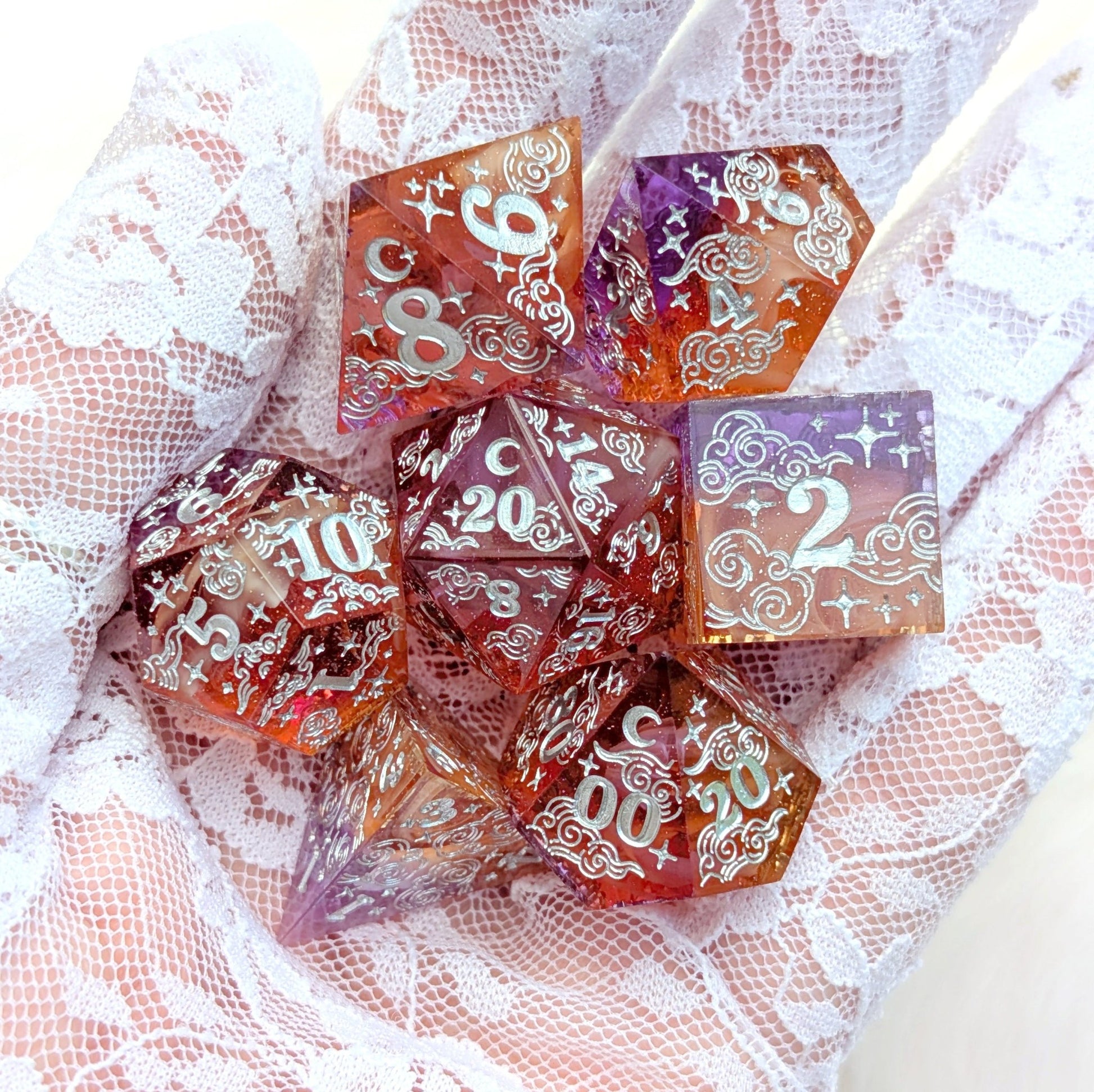 Dreamy Sunset Bloom – Sharp Edge Resin Dice Set with Floral Inclusions | Fennek & Finch - Fennek and Finch