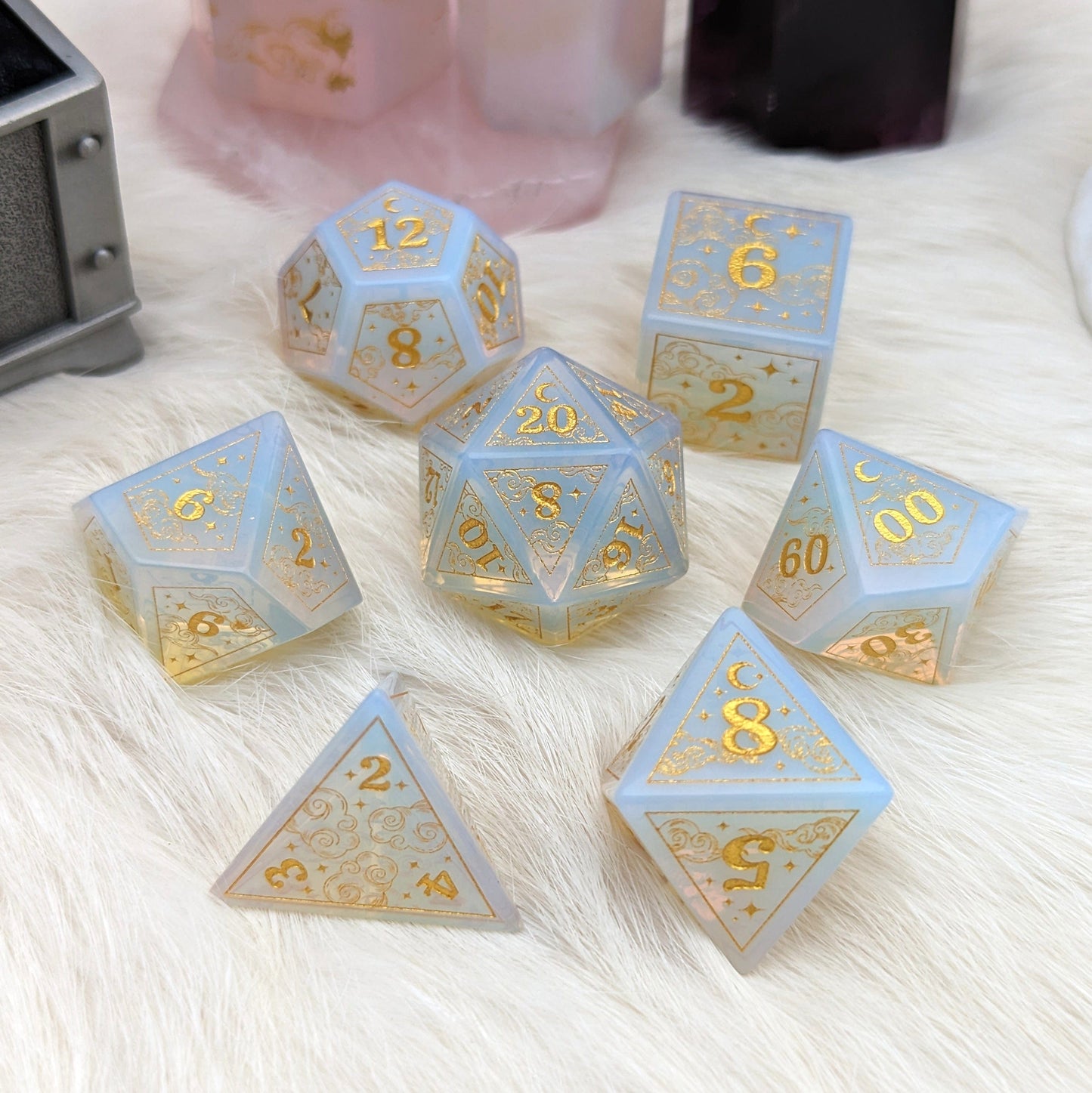 Dreamy White Opalite Dice Set. Cloud and Moon Engraved Gemstone Dice