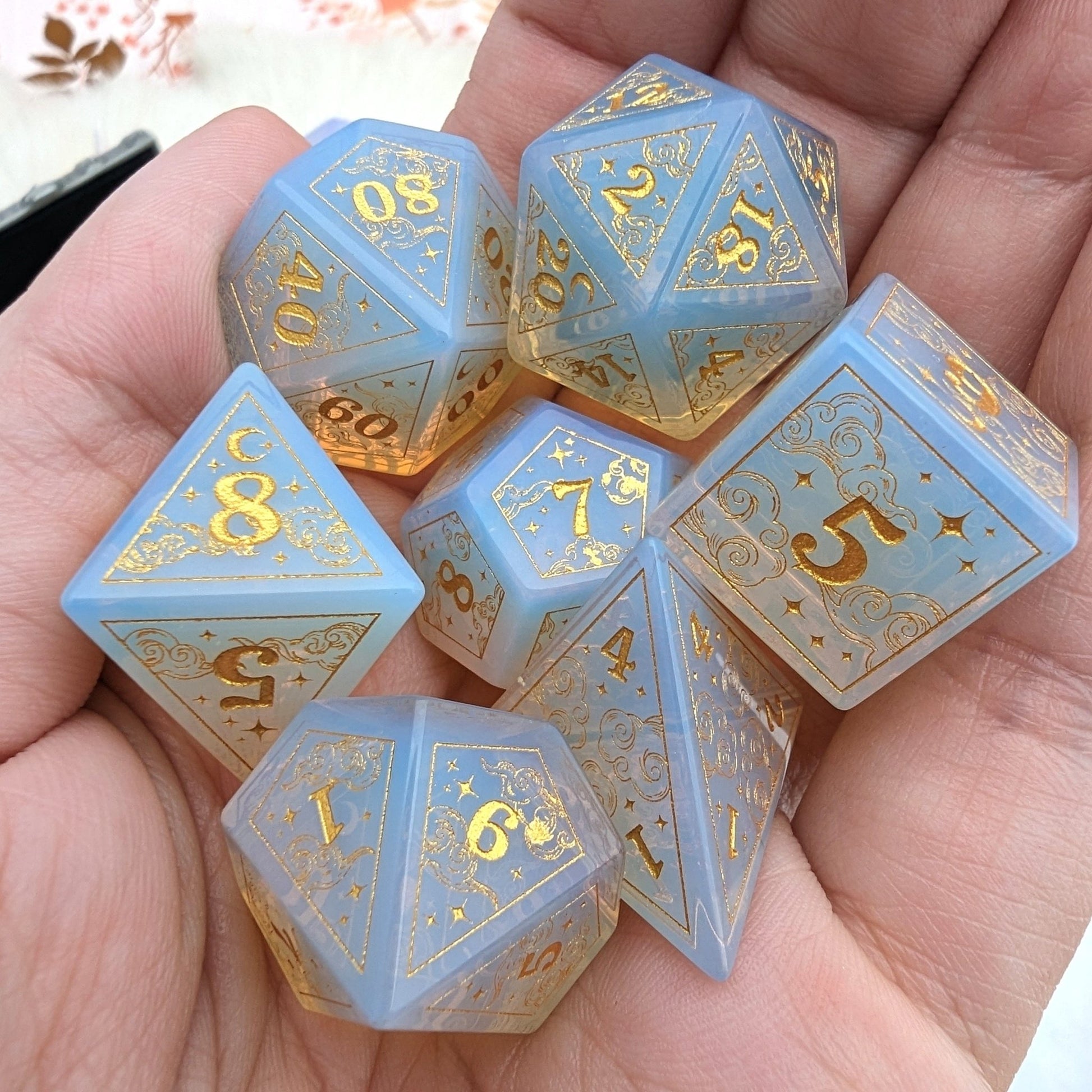 Dreamy White Opalite Dice Set – Cloud and Moon Engraved Gemstone DnD Dice | Fennek & Finch - Fennek and Finch