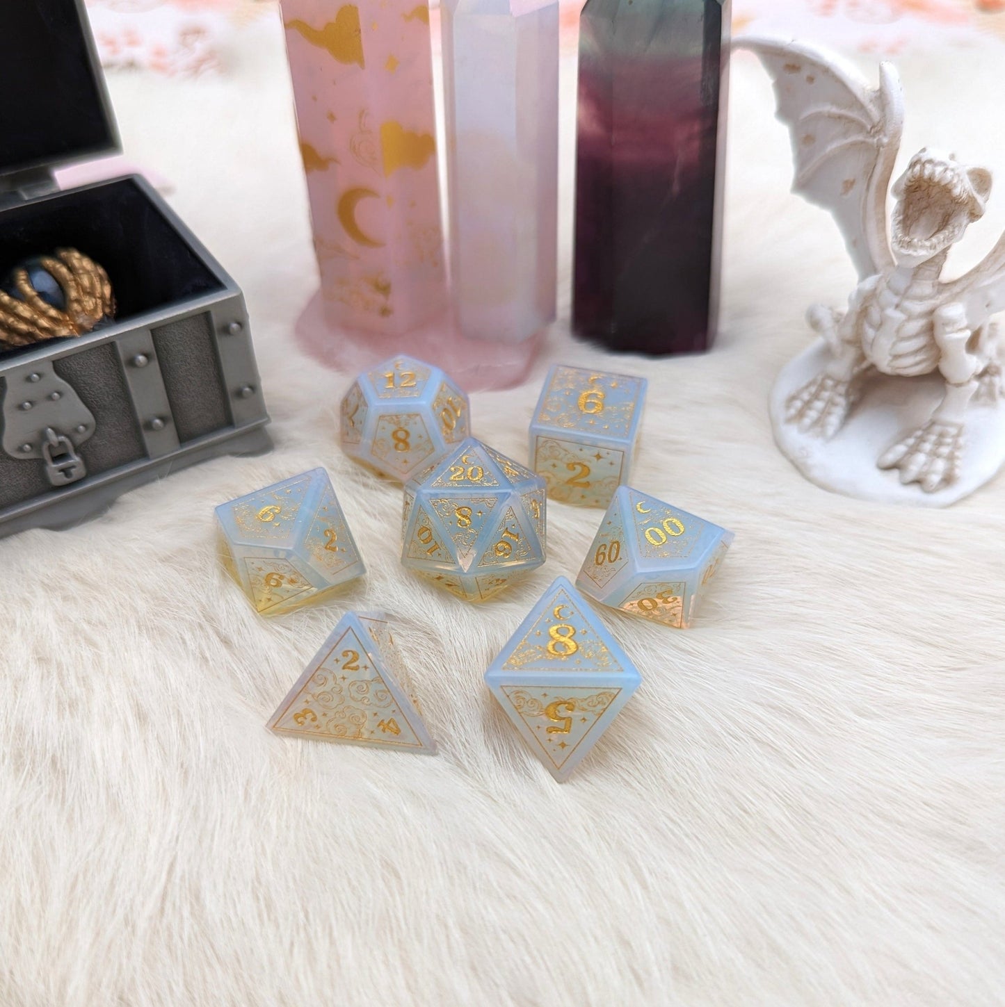 Dreamy White Opalite Dice Set – Cloud and Moon Engraved Gemstone DnD Dice | Fennek & Finch - Fennek and Finch