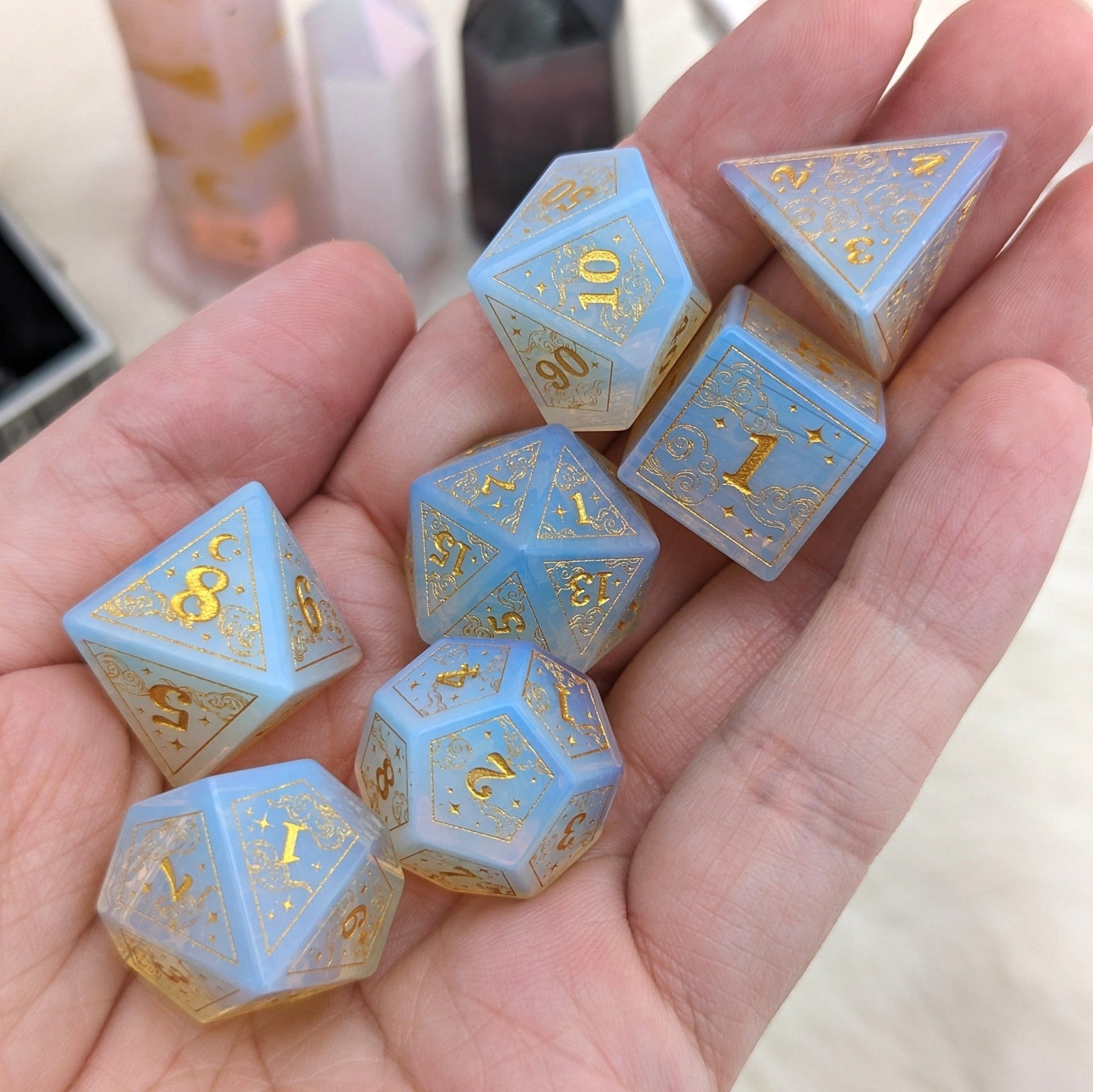 Dreamy White Opalite Dice Set – Cloud and Moon Engraved Gemstone DnD Dice | Fennek & Finch - Fennek and Finch