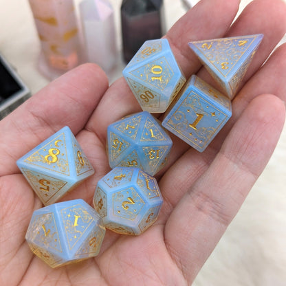 Dreamy White Opalite Dice Set – Cloud and Moon Engraved Gemstone DnD Dice | Fennek & Finch - Fennek and Finch