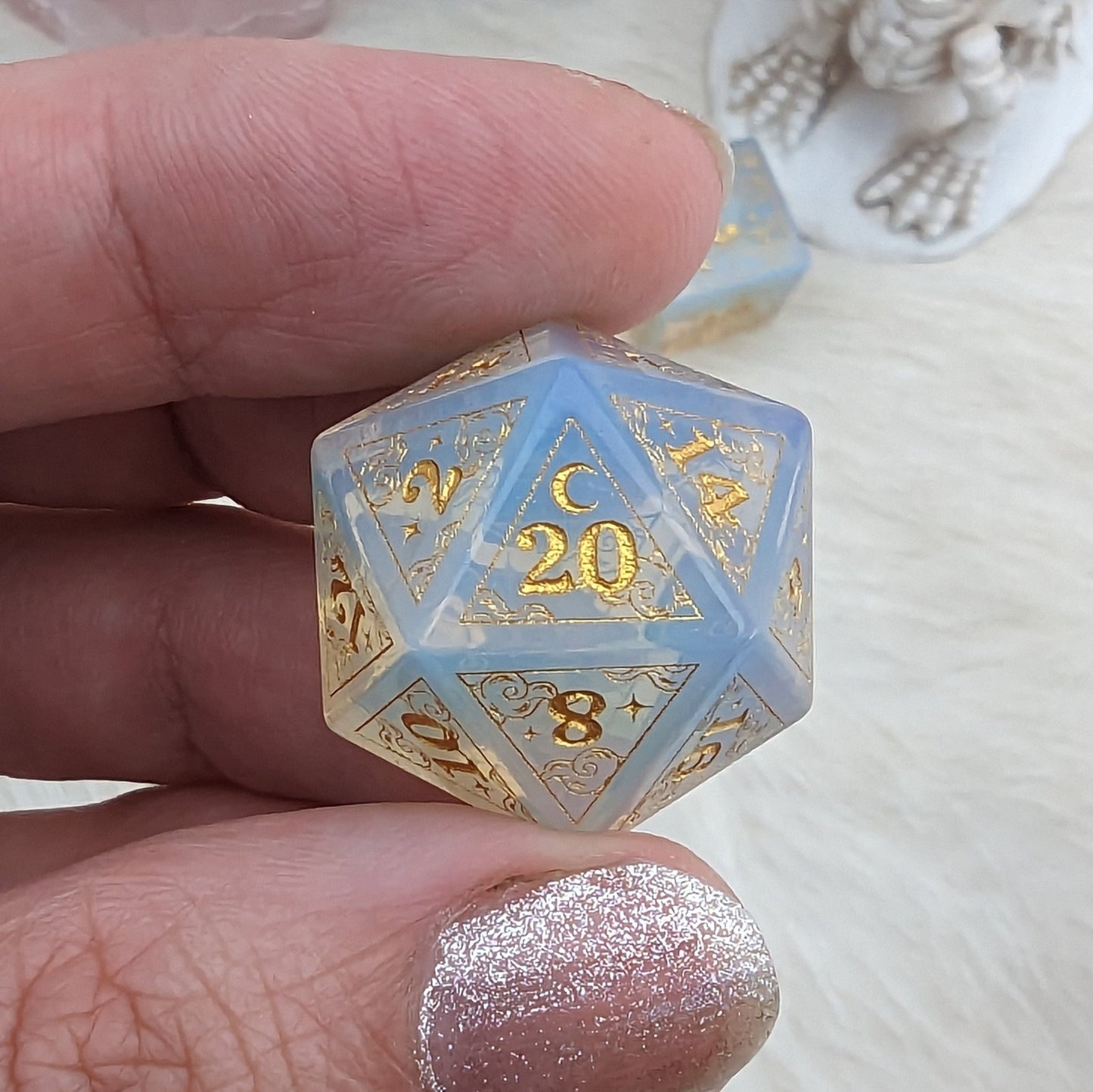 Dreamy White Opalite Dice Set – Cloud and Moon Engraved Gemstone DnD Dice | Fennek & Finch - Fennek and Finch