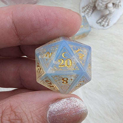 Dreamy White Opalite Dice Set – Cloud and Moon Engraved Gemstone DnD Dice | Fennek & Finch - Fennek and Finch