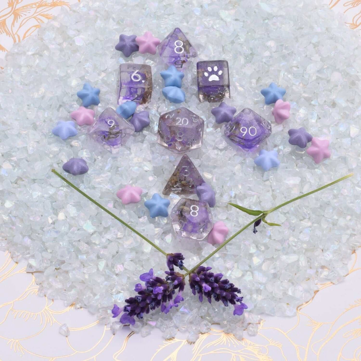 Dried Lavender Dice Set with real flowers, purple ink clouds, micro glitter, on crystal bed and lavender sprig, 8-piece DND set.