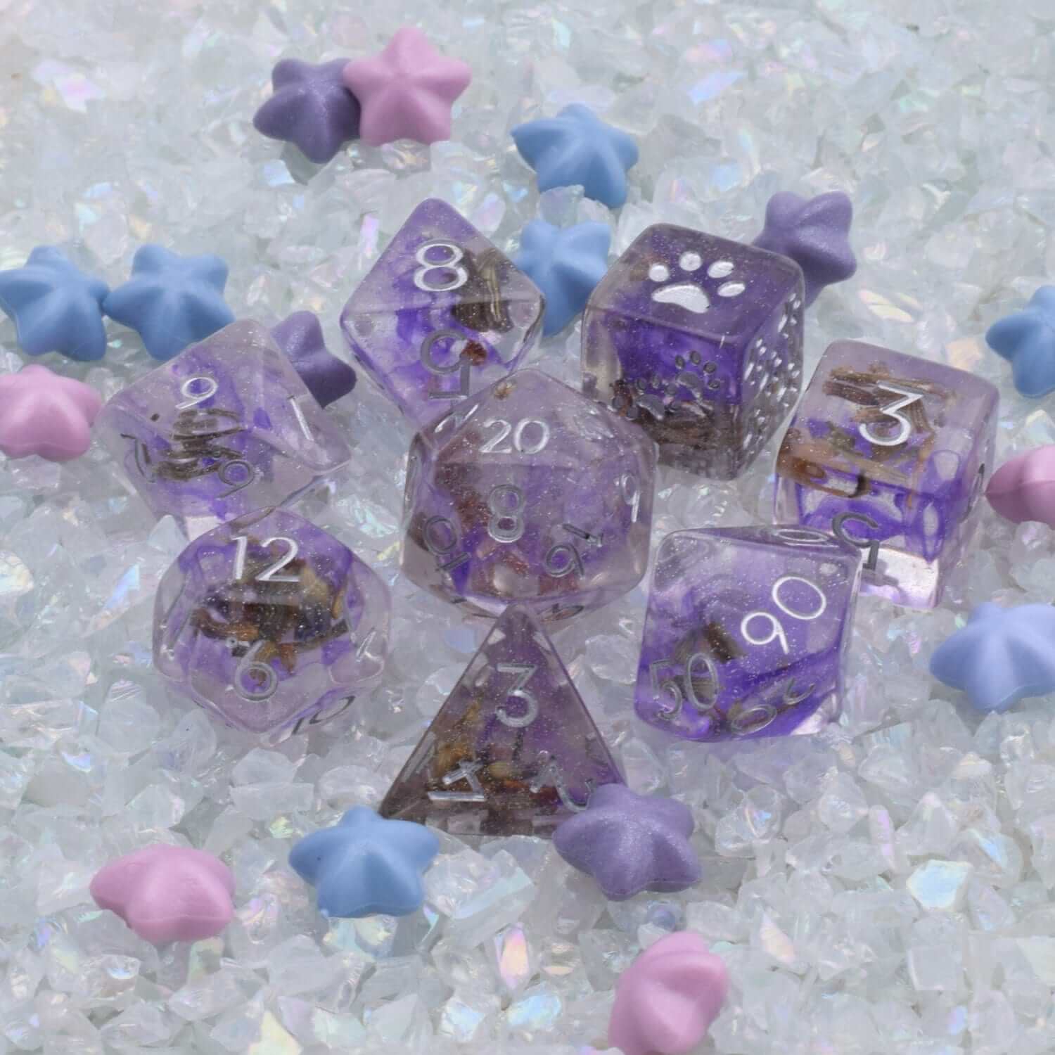 Dried Lavender Dice Set with purple ink clouds and micro glitter on decorative background, featuring 8 unique DND dice pieces.