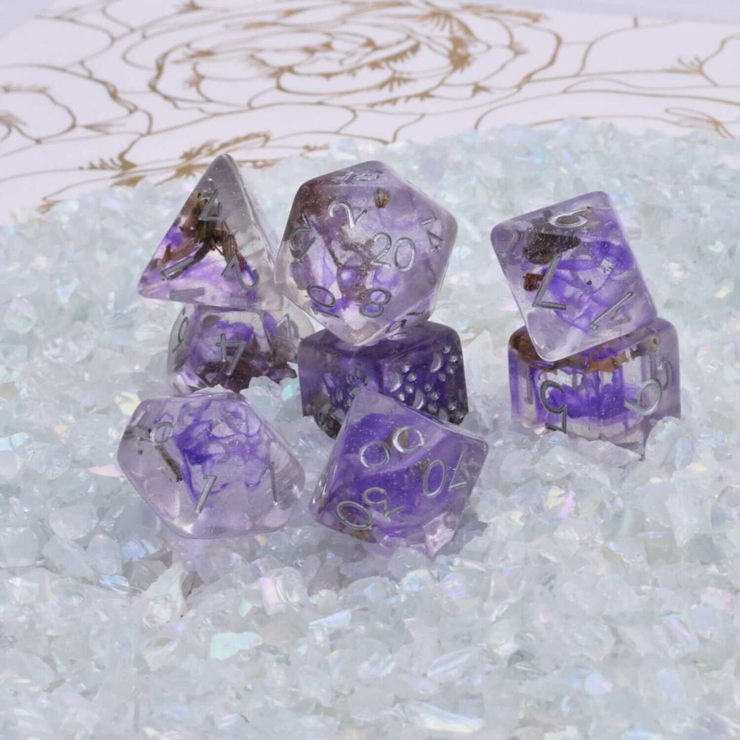 Dried Lavender Dice Set with real flowers and purple ink clouds displayed on white crystals, 8-piece DND dice set.