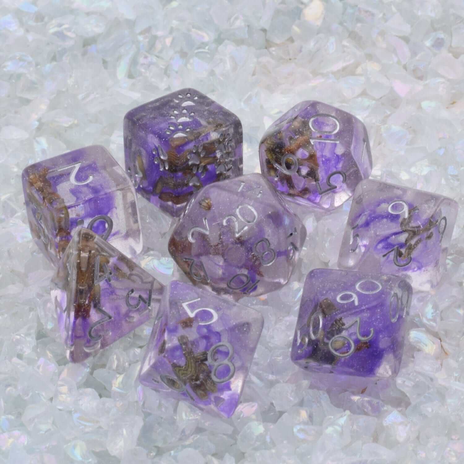 Dried Lavender Dice Set with purple ink, glitter, and real lavender, featuring Fennek & Finch exclusive design by Therin.