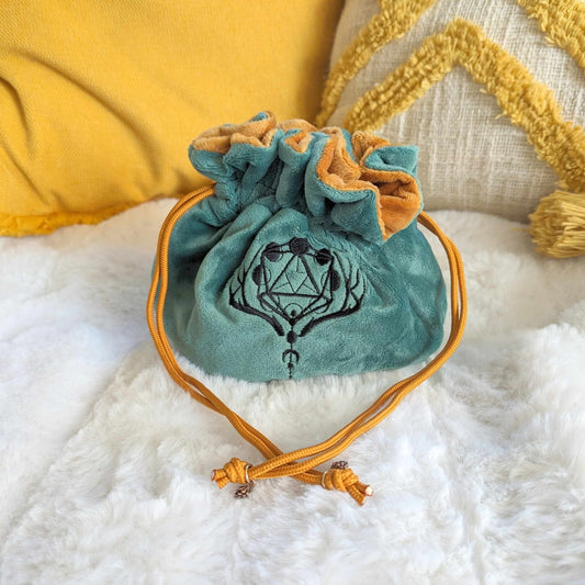Druid Dice Bag – Multi - Pocket Green Brown Velvet Pouch with Moon Phases | Fennek & Finch - Fennek and Finch
