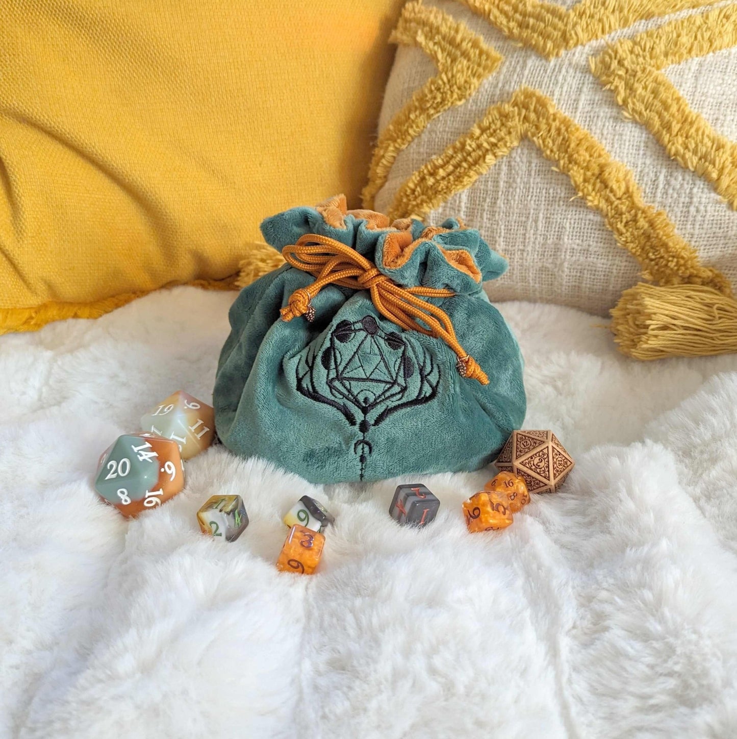 Druid Dice Bag – Multi-Pocket Green Brown Velvet Pouch with Moon Phases | Fennek & Finch Fennek and Finch