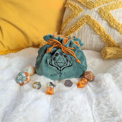 Druid Dice Bag – Multi-Pocket Green Brown Velvet Pouch with Moon Phases | Fennek & Finch Fennek and Finch