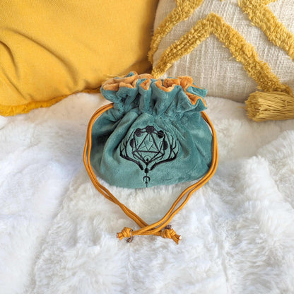 Druid Dice Bag – Multi-Pocket Green Brown Velvet Pouch with Moon Phases | Fennek & Finch Fennek and Finch