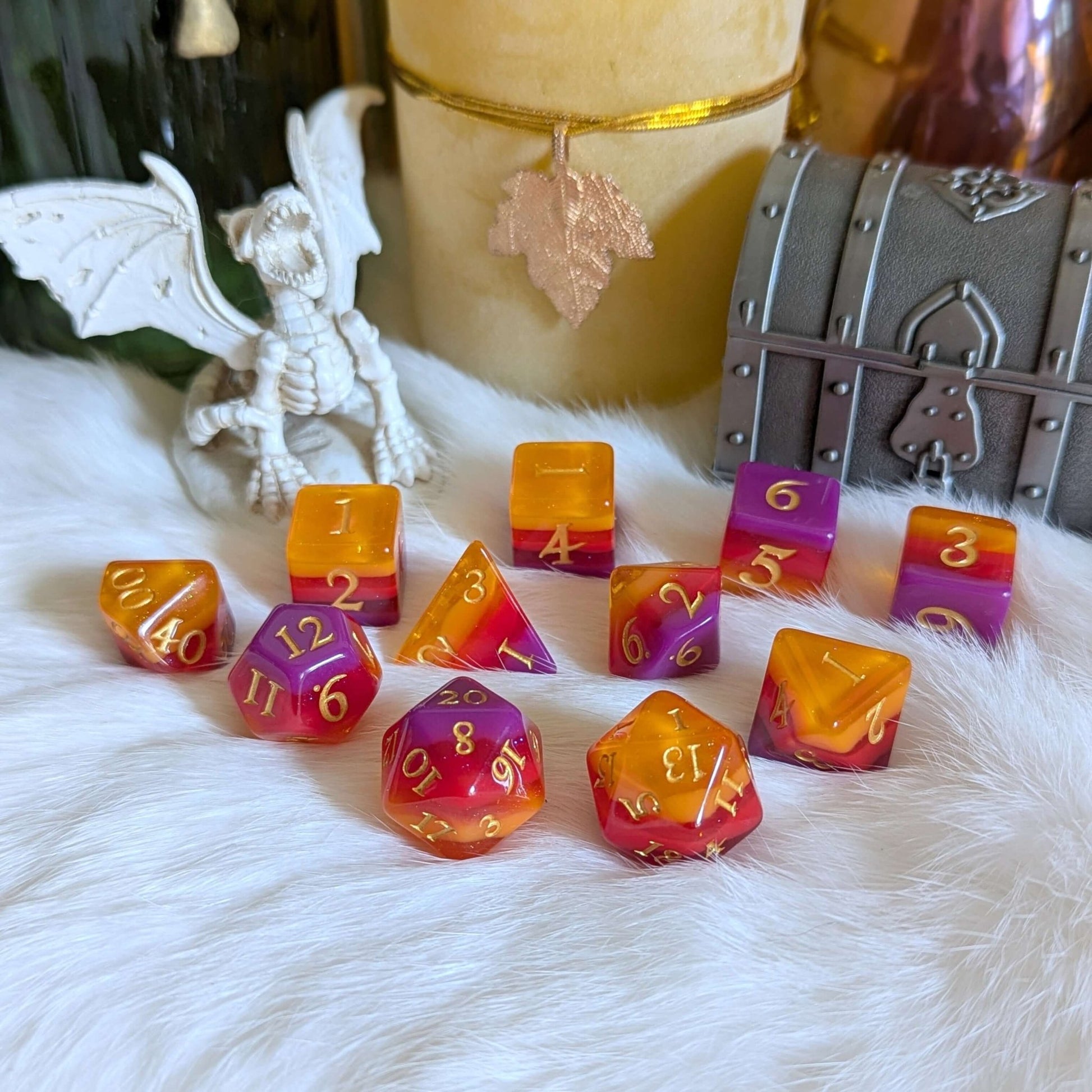 Emberstorm Dice Set – 11-Piece Fiery Layered DnD Dice with Gold Font | Fennek & Finch Dice Sets & Games Fennek and Finch