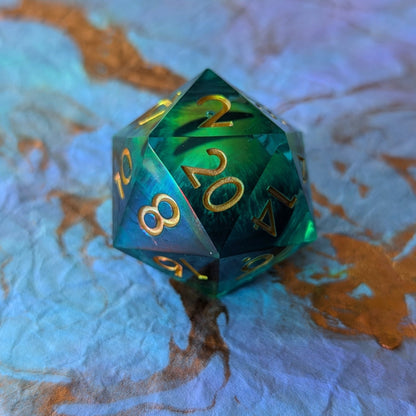 Emerald Eye Liquid Core D20 – Large Green Moving Eye DnD Die Dice Sets & Games Fennek and Finch