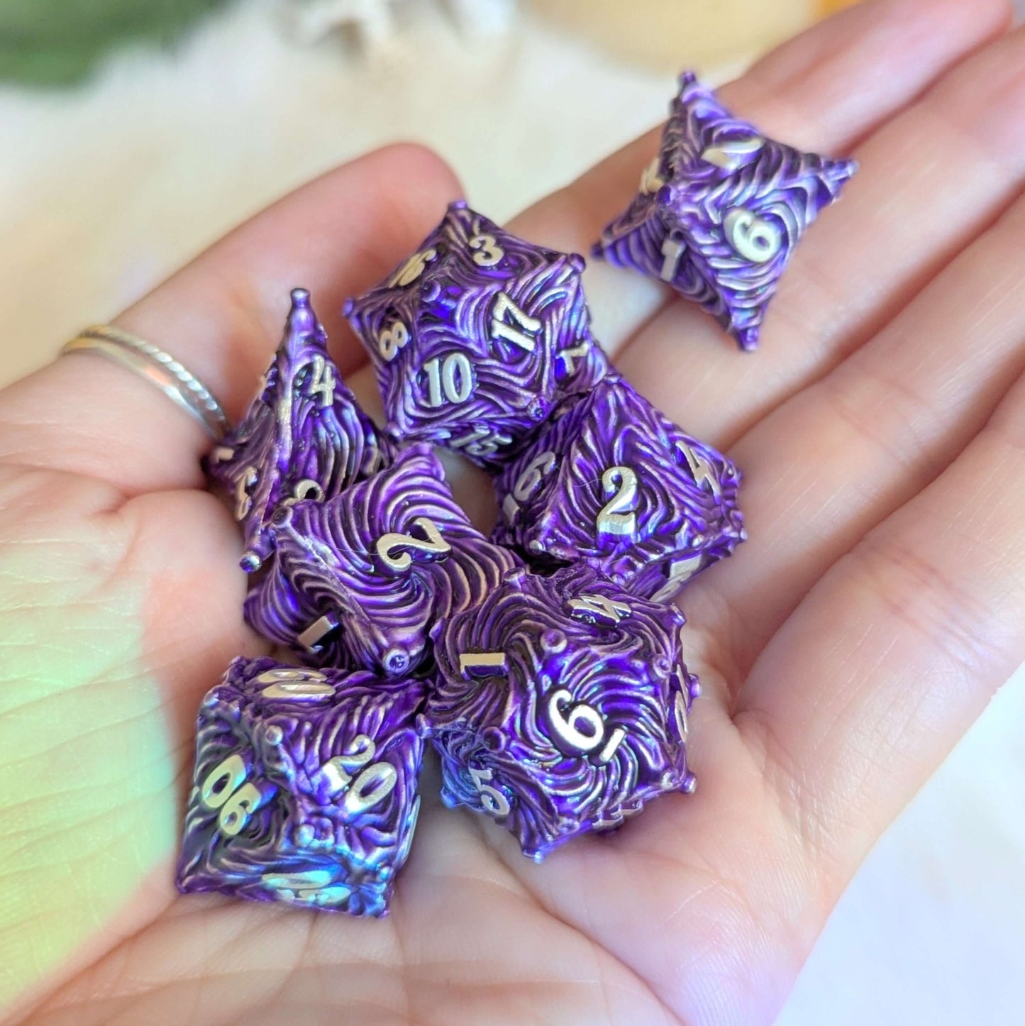 Enchanted Bark Metal Dice Set – 7 - Piece Purple Tree Bark Texture DnD - Fennek and Finch