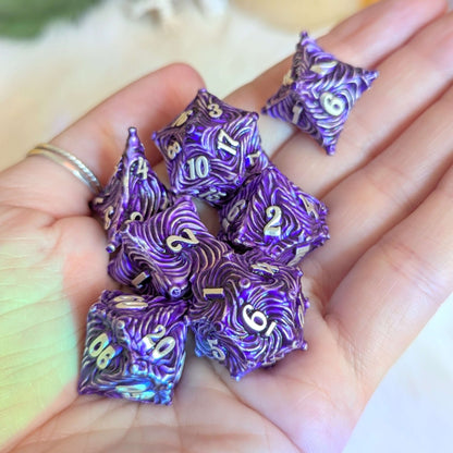 Enchanted Bark Metal Dice Set – 7 - Piece Purple Tree Bark Texture DnD - Fennek and Finch