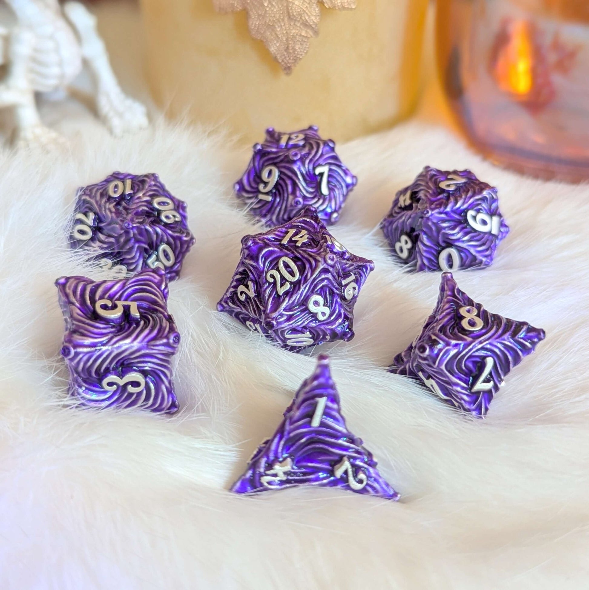 Enchanted Bark Metal Dice Set – 7 - Piece Purple Tree Bark Texture DnD - Fennek and Finch