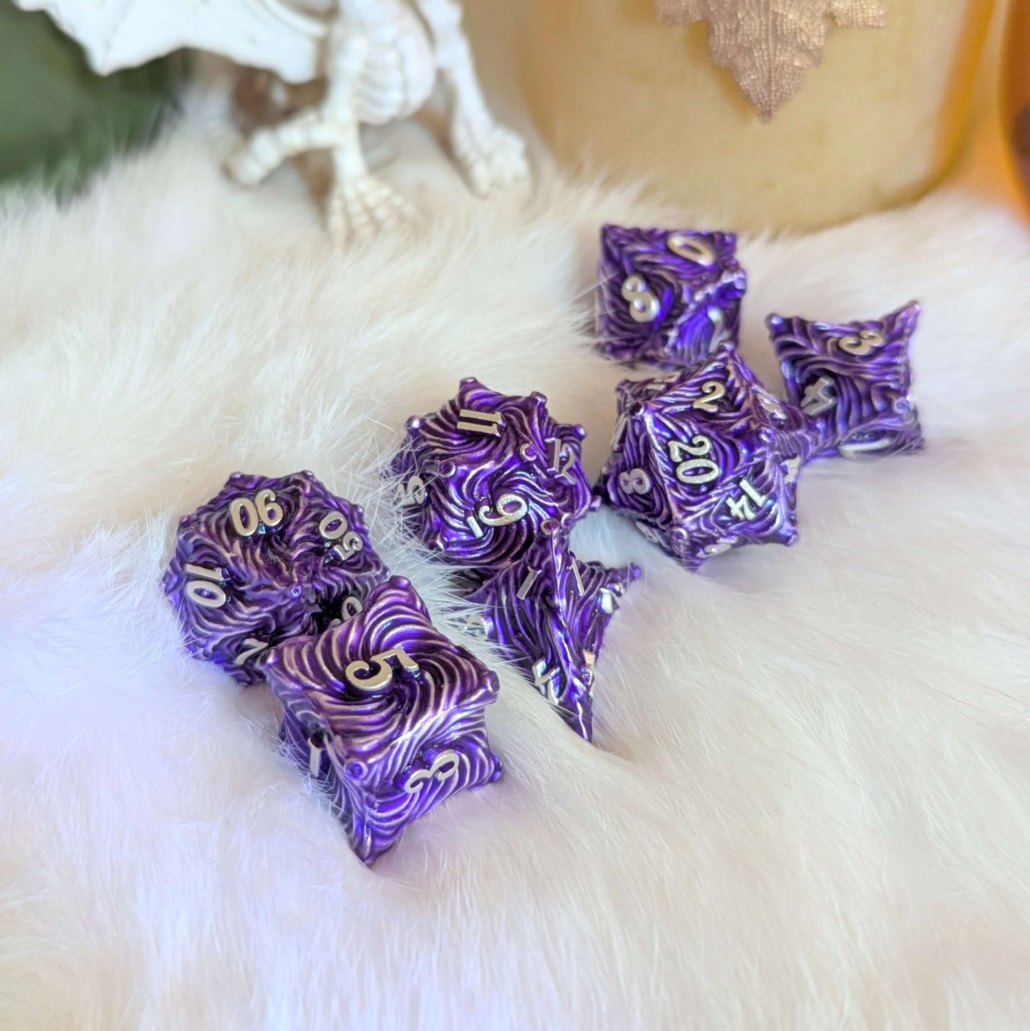 Enchanted Bark Metal Dice Set – 7 - Piece Purple Tree Bark Texture DnD - Fennek and Finch
