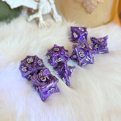 Enchanted Bark Metal Dice Set – 7 - Piece Purple Tree Bark Texture DnD - Fennek and Finch
