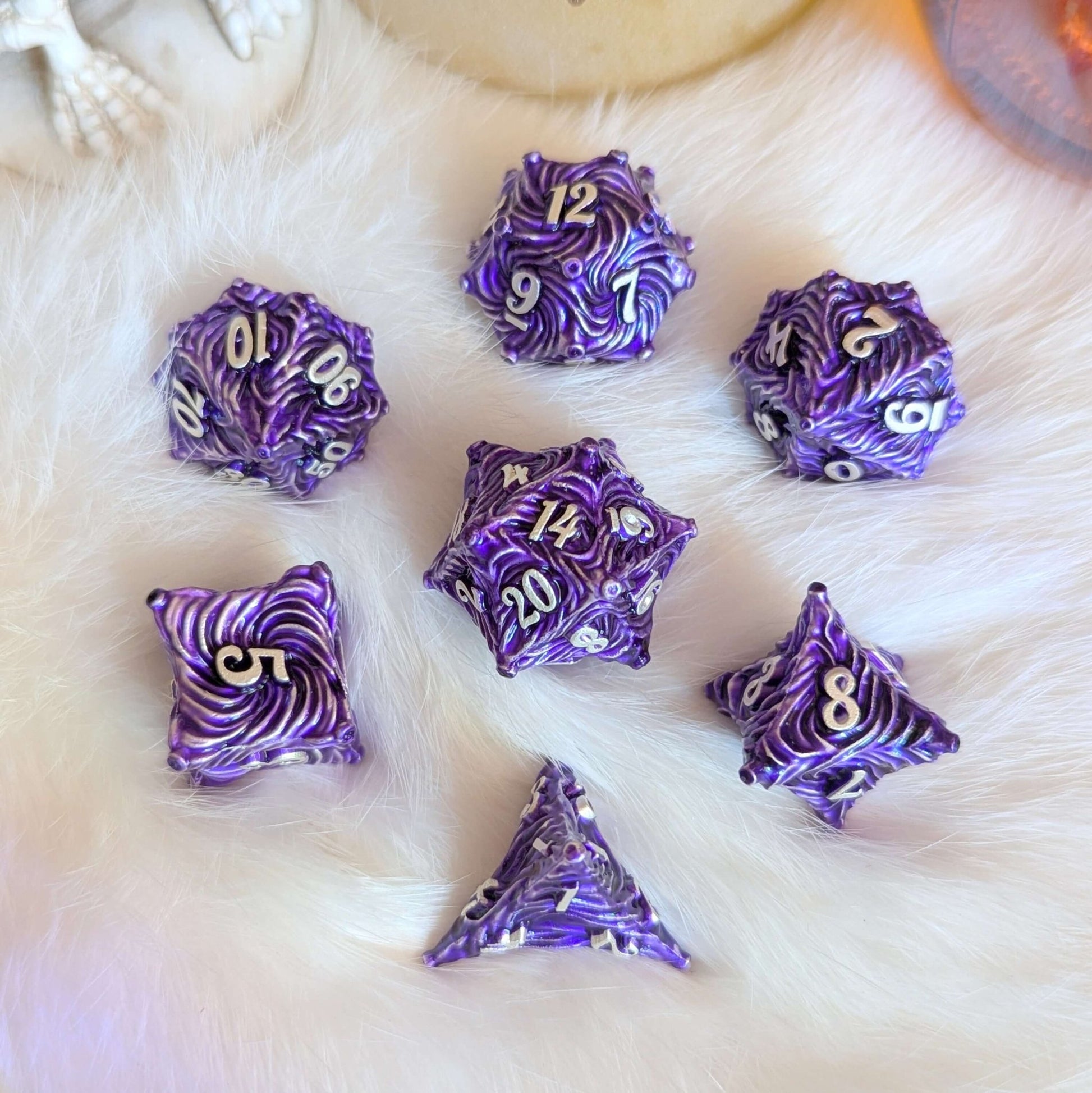 Enchanted Bark Metal Dice Set – 7 - Piece Purple Tree Bark Texture DnD - Fennek and Finch