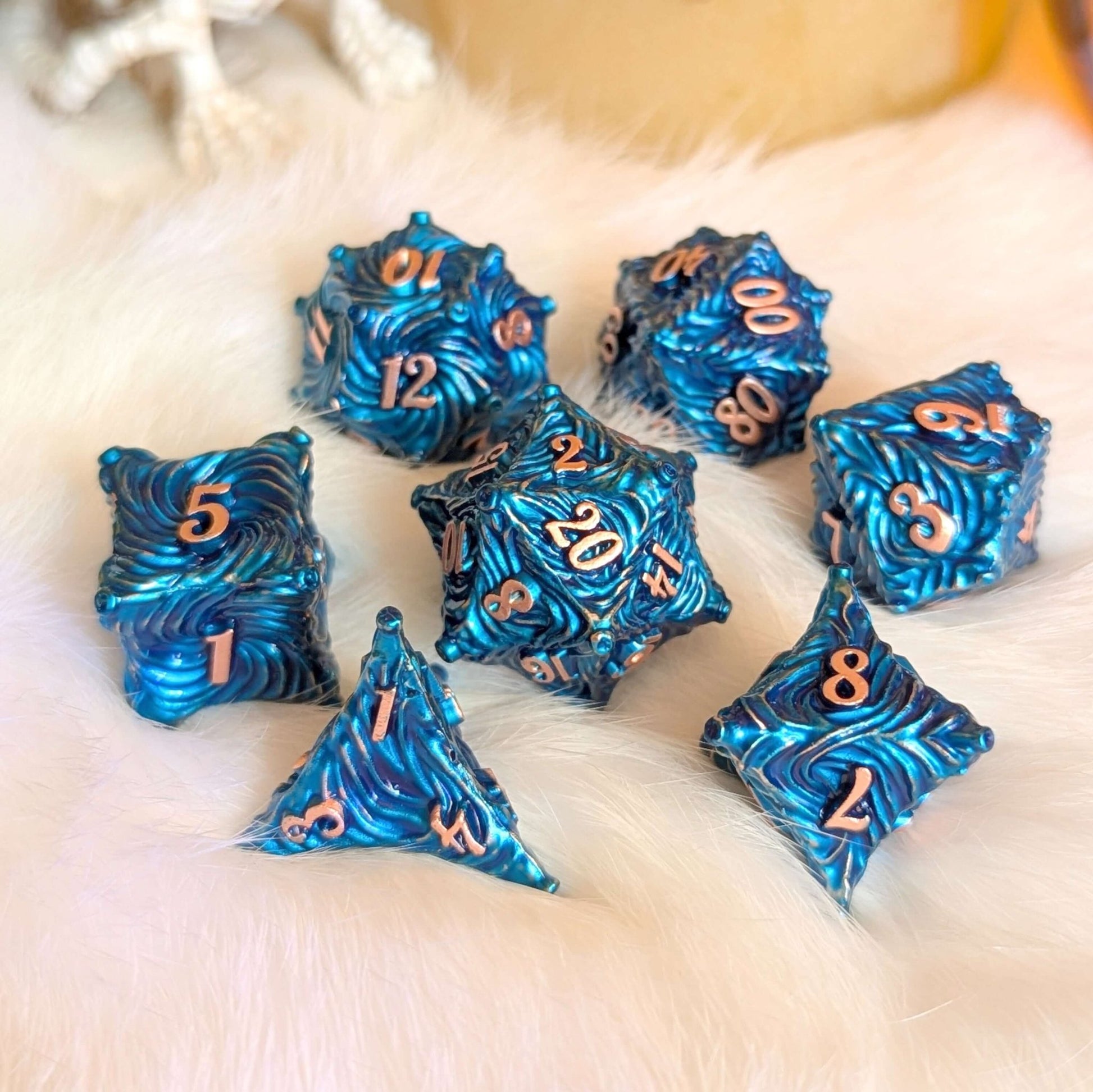Enchanted Bark Metal Dice Set Blue – 7 - Piece Tree Zinc Alloy DnD Dice - Fennek and Finch