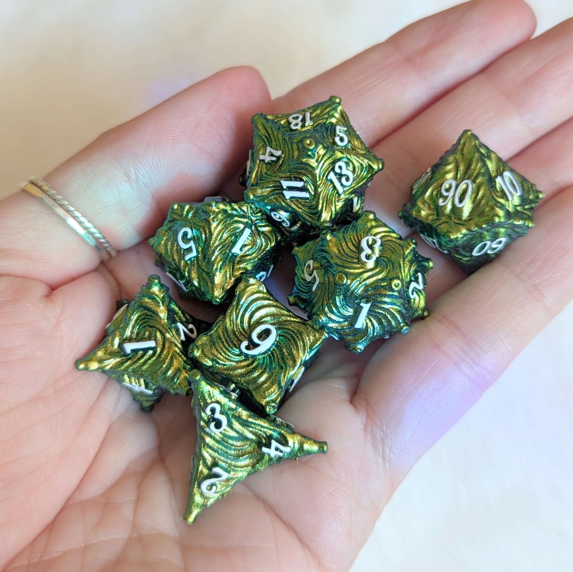 Enchanted Bark Metal Dice Set Green – 7 - Piece Tree Texture White Font Zinc Alloy - Fennek and Finch