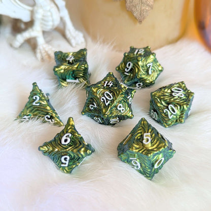 Enchanted Bark Metal Dice Set Green – 7 - Piece Tree Texture White Font Zinc Alloy - Fennek and Finch