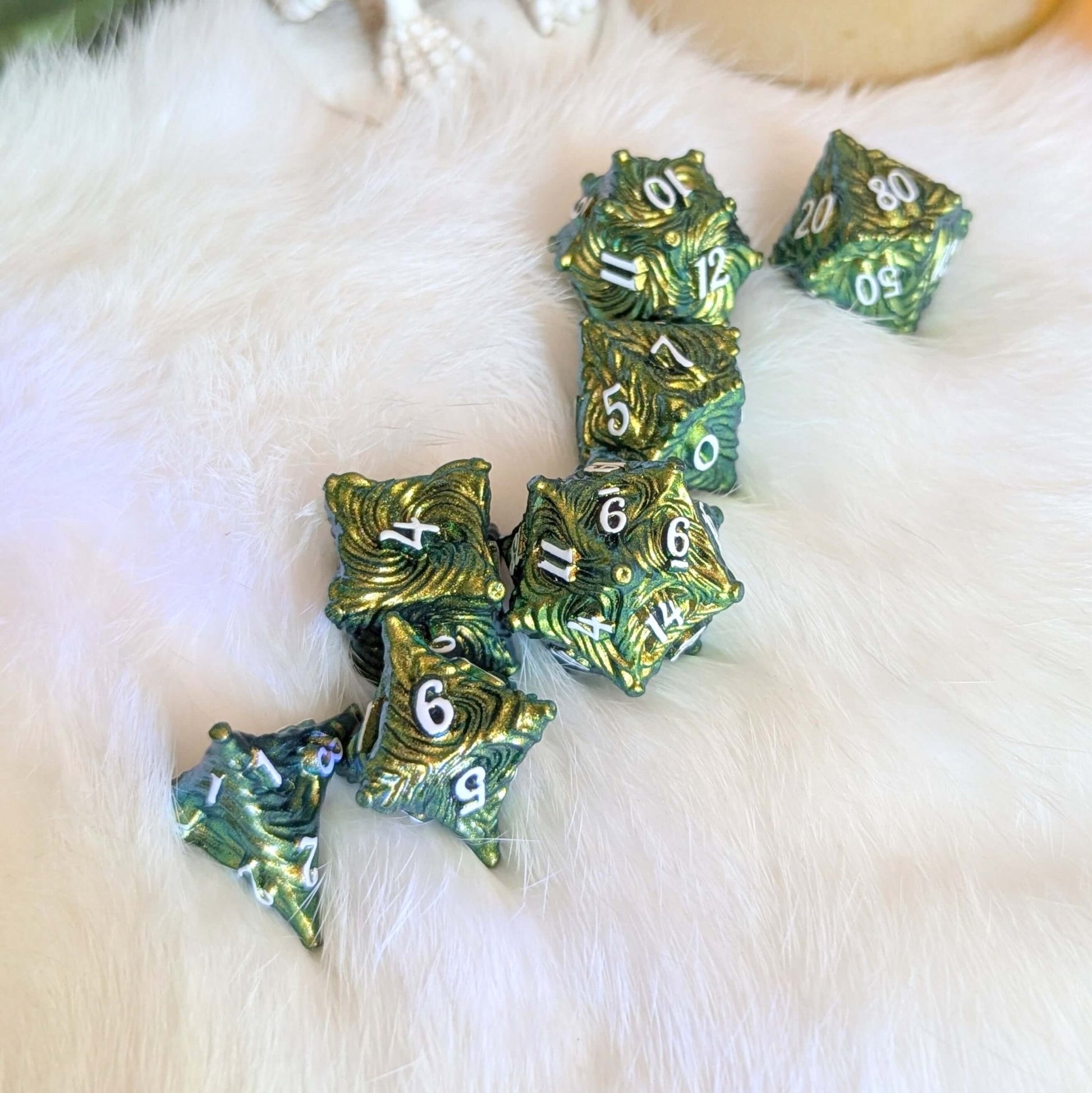 Enchanted Bark Metal Dice Set Green – 7 - Piece Tree Texture White Font Zinc Alloy - Fennek and Finch
