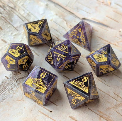 Everwild Amethyst Gemstone Dice – Forest & Mountain Etched 7 - Piece Set | Fennek & Finch - Fennek and Finch