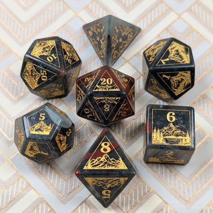 Everwild Bloodstone Gemstone Dice – Forest & Mountain Etched 7 - Piece Set | Fennek & Finch - Fennek and Finch