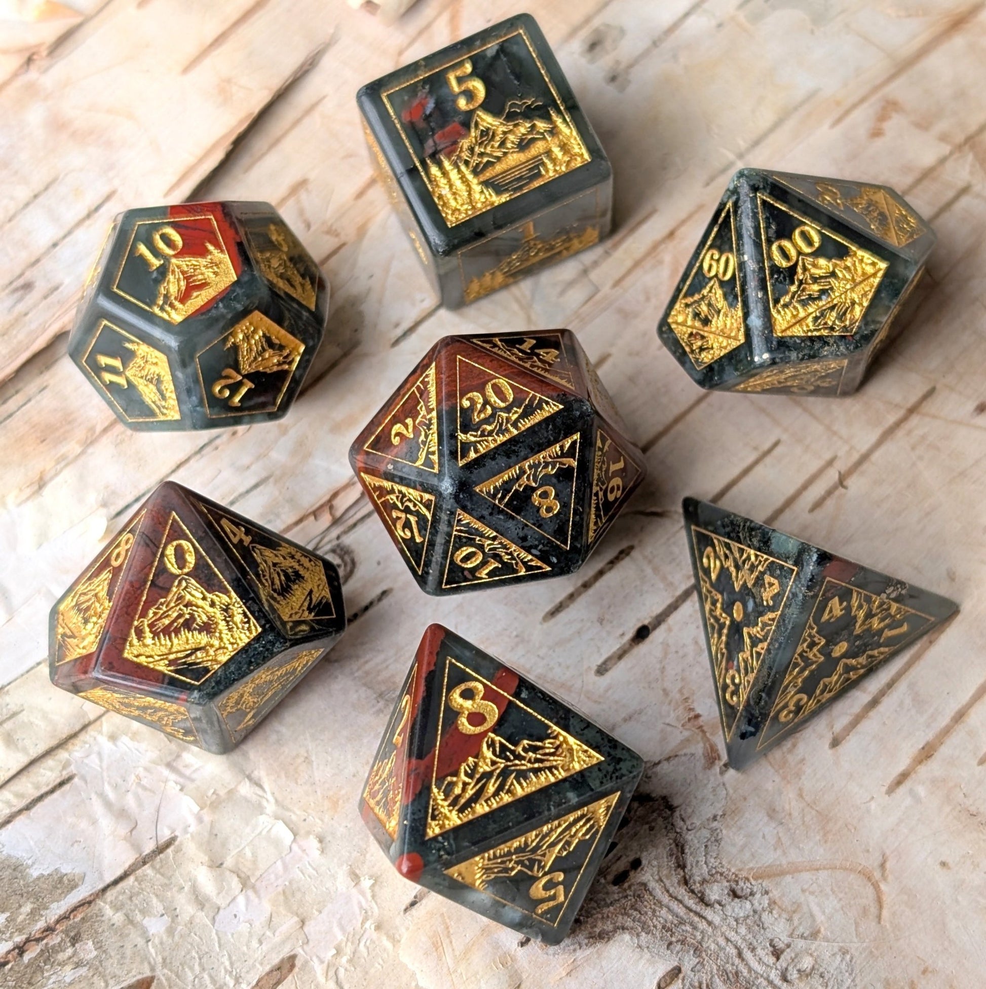 Everwild Bloodstone Gemstone Dice – Forest & Mountain Etched 7 - Piece Set | Fennek & Finch - Fennek and Finch