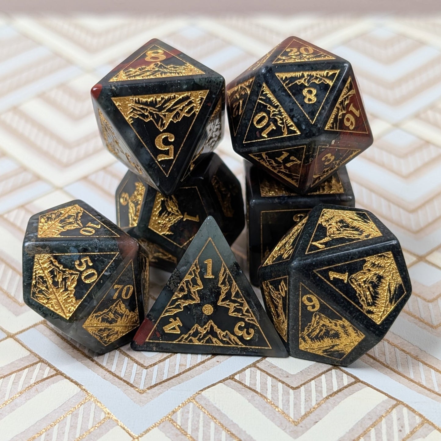 Everwild Bloodstone Gemstone Dice – Forest & Mountain Etched 7 - Piece Set | Fennek & Finch - Fennek and Finch