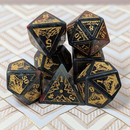 Everwild Bloodstone Gemstone Dice – Forest & Mountain Etched 7 - Piece Set | Fennek & Finch - Fennek and Finch