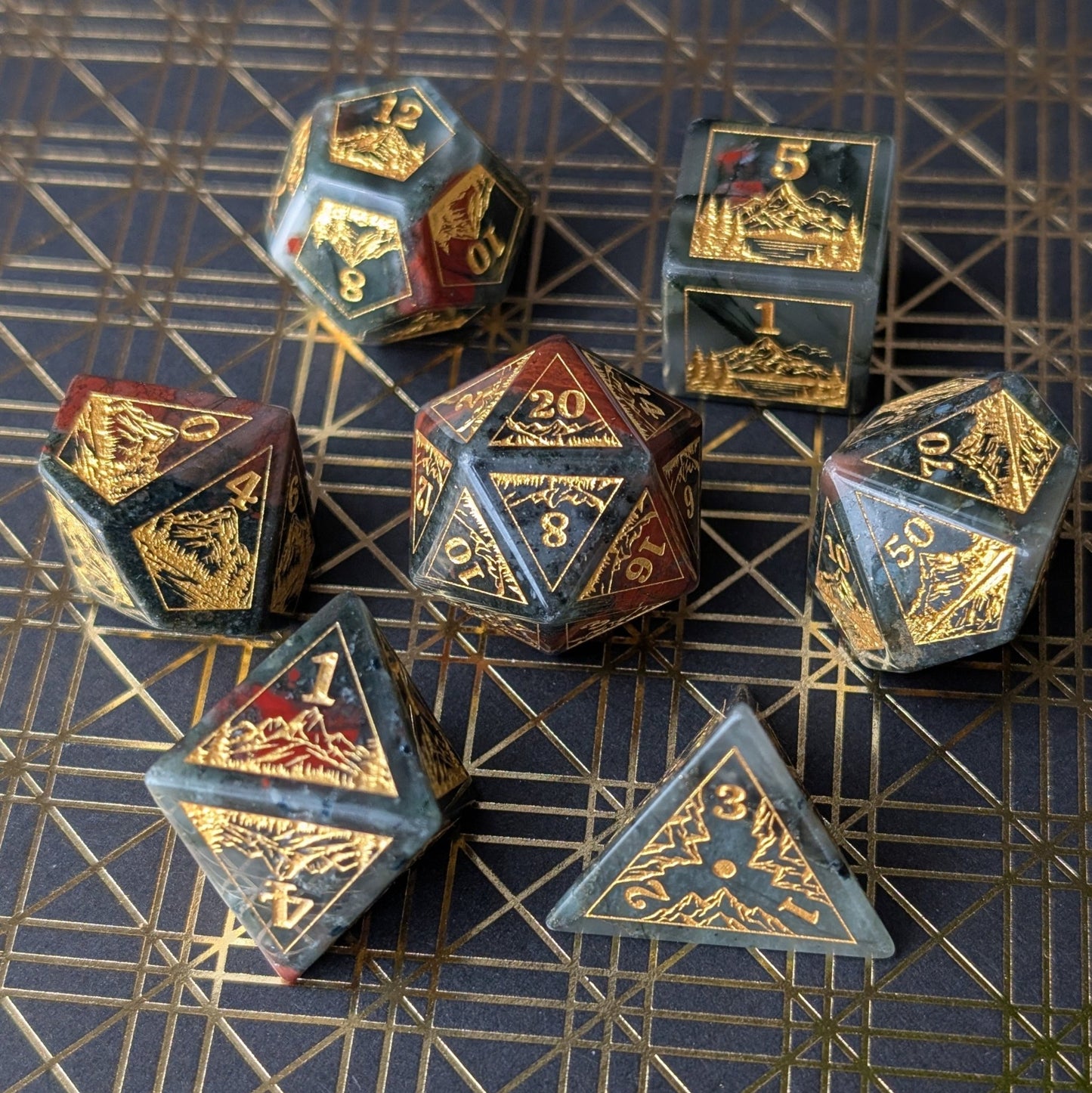 Everwild Bloodstone Gemstone Dice – Forest & Mountain Etched 7 - Piece Set | Fennek & Finch - Fennek and Finch