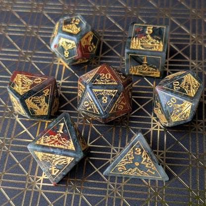 Everwild Bloodstone Gemstone Dice – Forest & Mountain Etched 7 - Piece Set | Fennek & Finch - Fennek and Finch