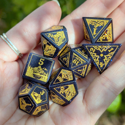 Everwild Blue Goldstone Gemstone Dice – Forest & Mountain Etched 7 - Piece Set | Fennek & Finch - Fennek and Finch
