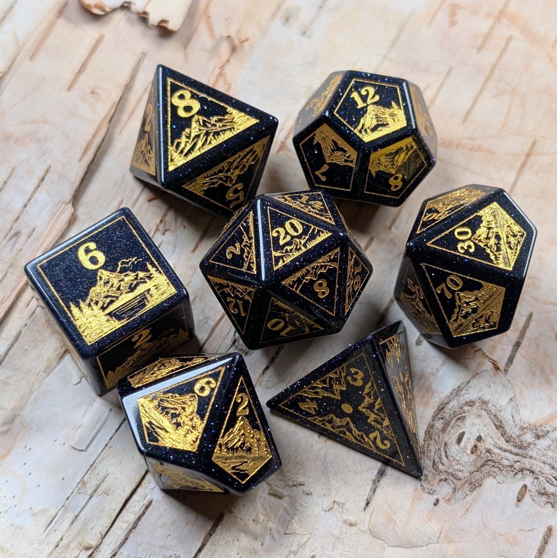 Everwild Blue Goldstone Gemstone Dice – Forest & Mountain Etched 7 - Piece Set | Fennek & Finch - Fennek and Finch