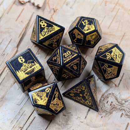 Everwild Blue Goldstone Gemstone Dice – Forest & Mountain Etched 7 - Piece Set | Fennek & Finch - Fennek and Finch
