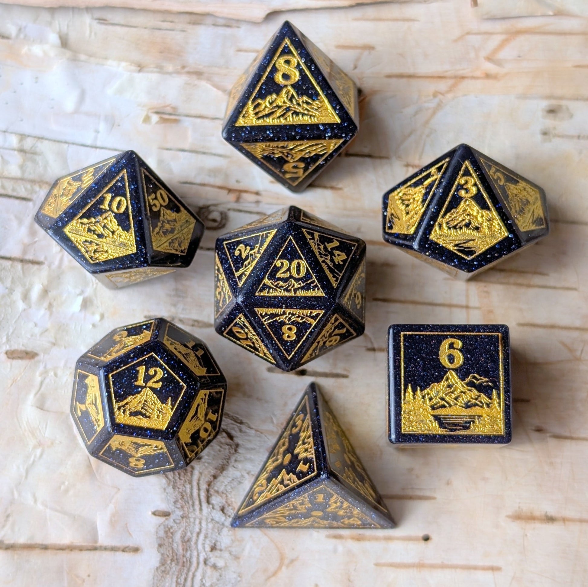 Everwild Blue Goldstone Gemstone Dice – Forest & Mountain Etched 7 - Piece Set | Fennek & Finch - Fennek and Finch