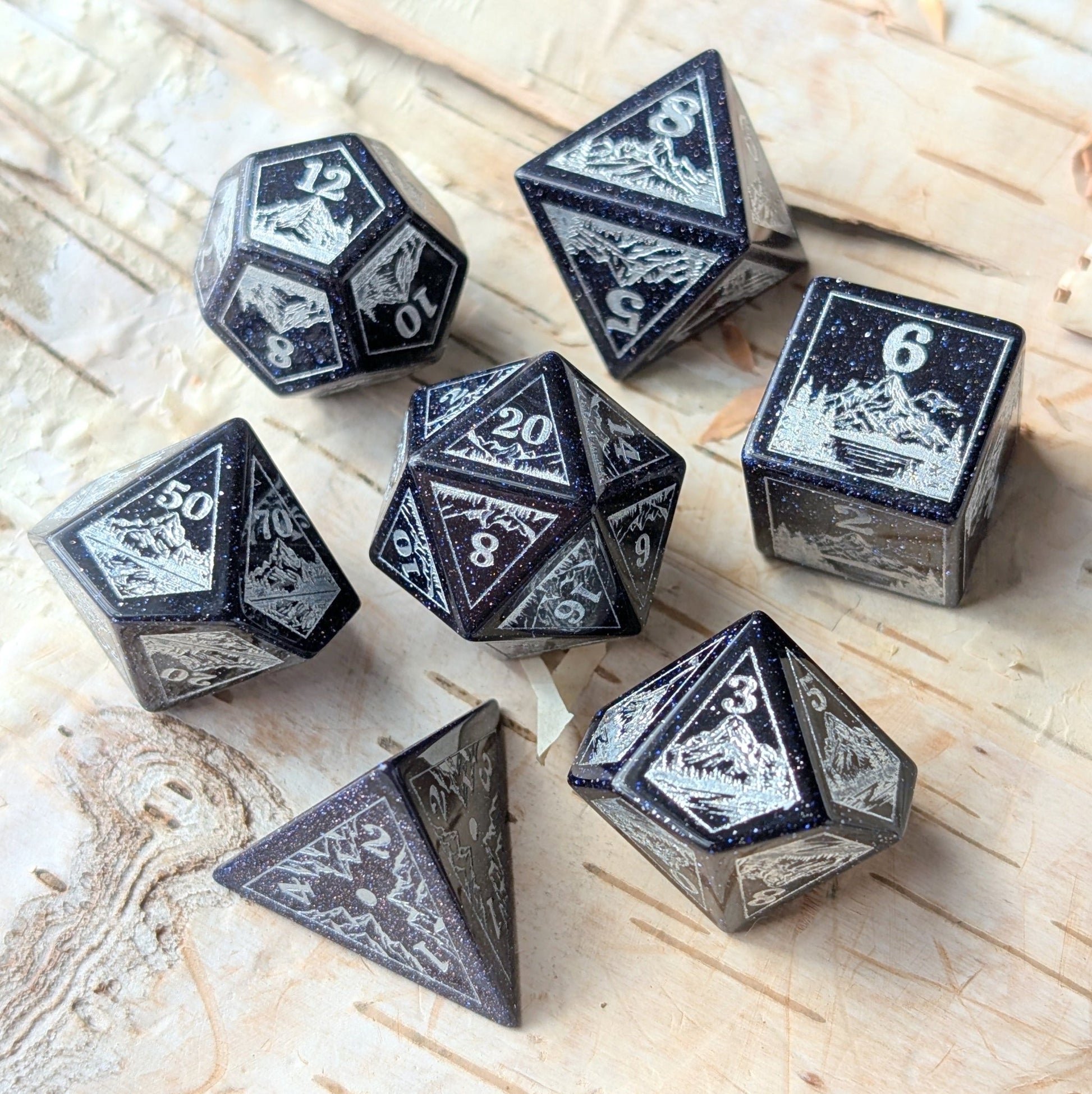 Everwild Blue Goldstone Gemstone Dice – Forest & Mountain Etched 7 - Piece Set | Fennek & Finch - Fennek and Finch