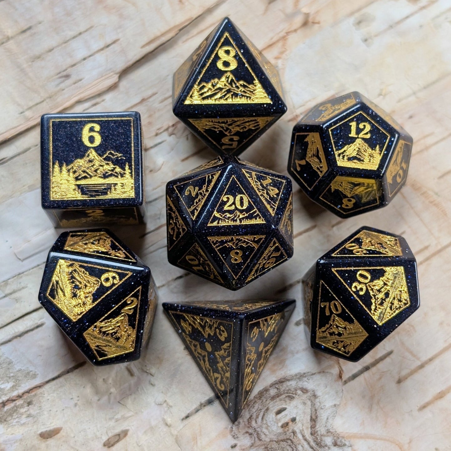 Everwild Blue Goldstone Gemstone Dice – Forest & Mountain Etched 7 - Piece Set | Fennek & Finch - Fennek and Finch