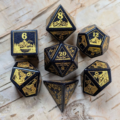 Everwild Blue Goldstone Gemstone Dice – Forest & Mountain Etched 7 - Piece Set | Fennek & Finch - Fennek and Finch