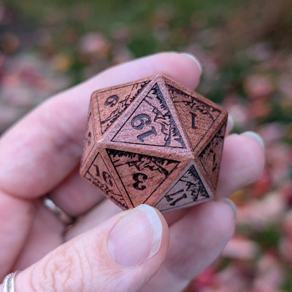 Everwild D20 – Large 1.25" Wooden Die with Mountains and Forest Engravings Dice sets Fennek and Finch